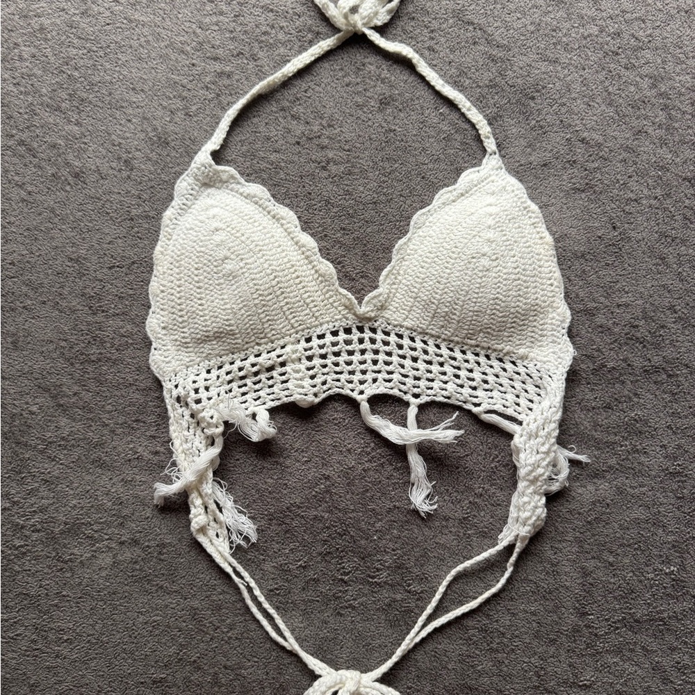 Handmade Crochet Halter Bralette - Cream